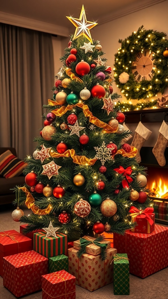 A decorated Christmas tree with gifts and stockings in a cozy living room.